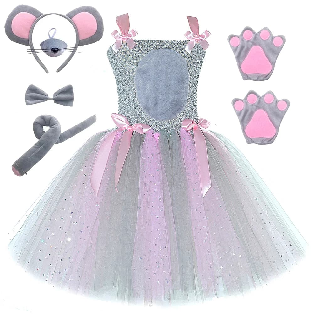 Costumes de souris rose gris scintillant pour bébés filles, robe Tutu de Rat gris pour enfants, tenu