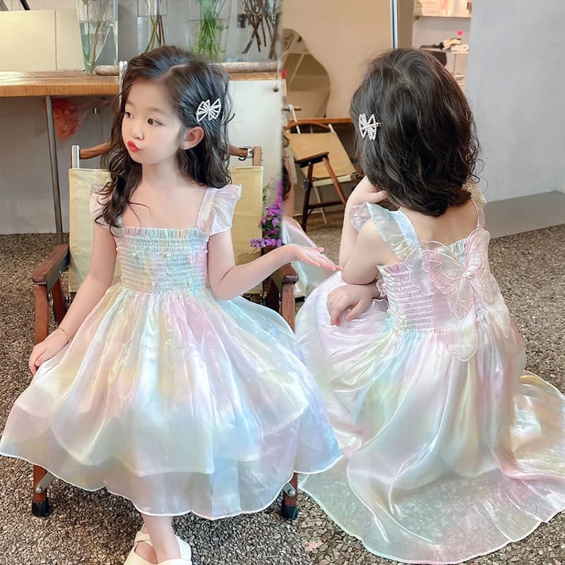 Robe princesse d'été pour filles de 1 à 8 ans, jolie robe en maille dégradée arc-en-ciel avec décora