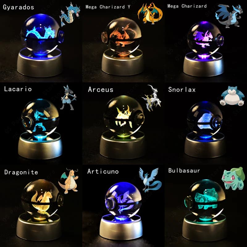 Boule de cristal Pokemon 3D Pikachu Mewtwo Mew Gengar, Base de lampe veilleuse, boule de verre Pokeb