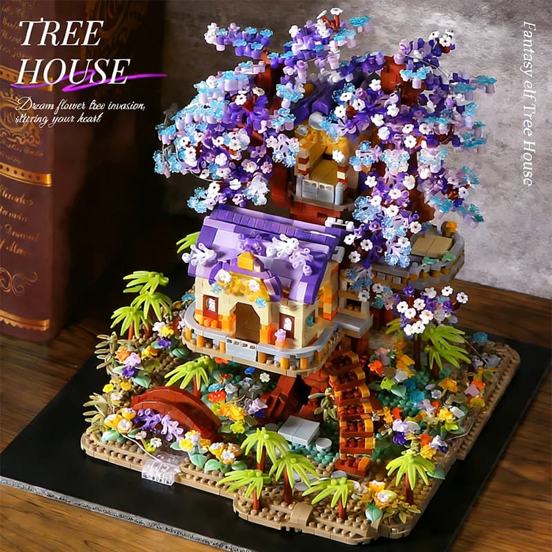 Mini maison dans les arbres Sakura, architecture urbaine, blocs de construction, cerisier en fleurs,
