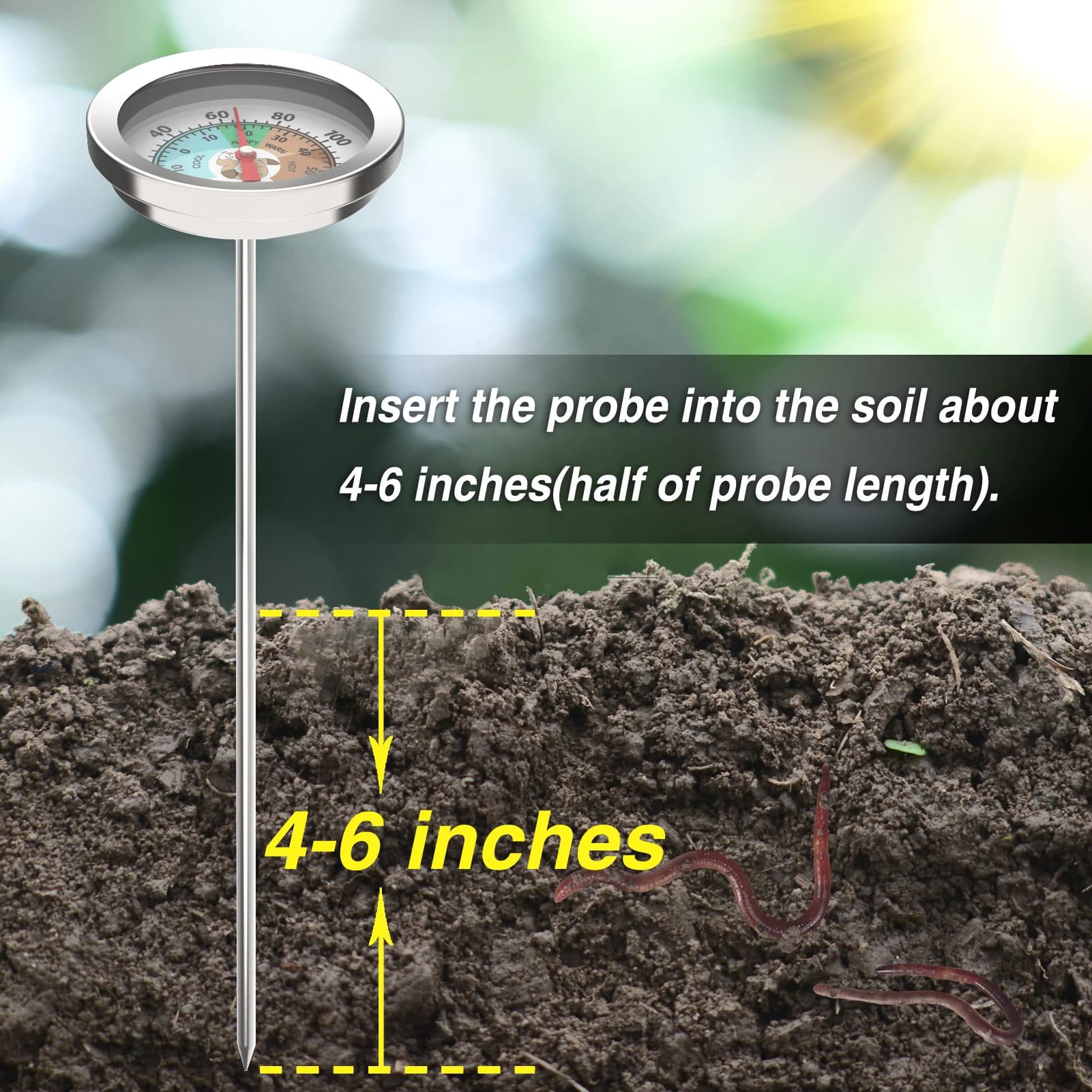 Thermomètre de sol pour compost et jardin – Sans batterie, sonde en acier inoxydable, cadran de 8 po