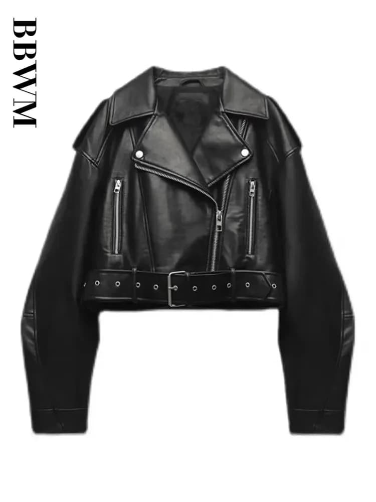 BBWM femmes surdimensionné Vintage ample Pu Faux cuir veste courte avec ceinture Streetwear femme fe
