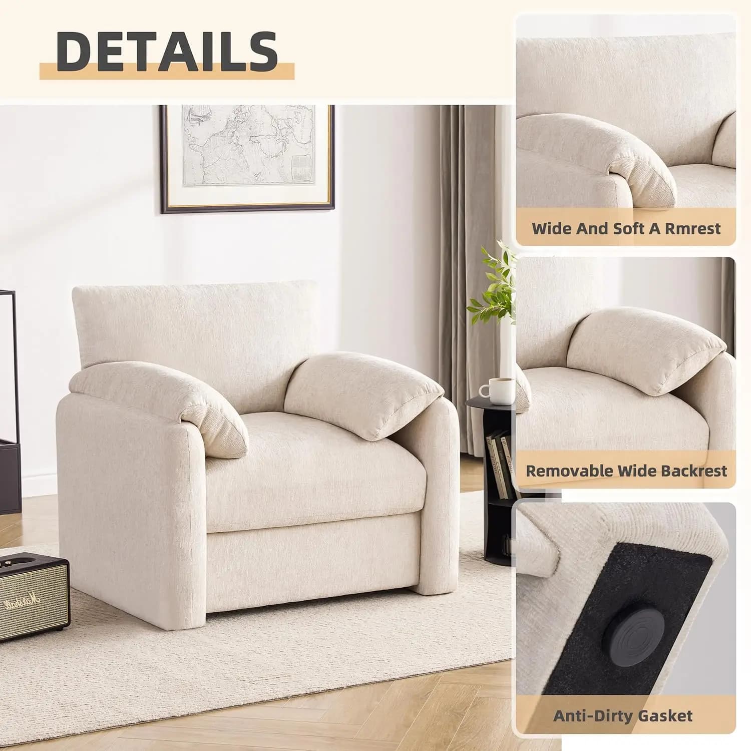 Fauteuil surdimensionné en chenille, 38,6 pouces de large, fauteuils d'appoint pour salon et chambre
