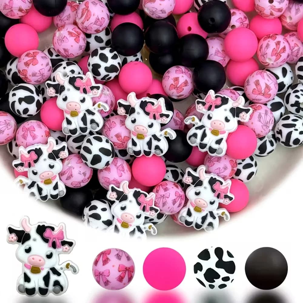Ensemble de perles en Silicone série Cow Spot, 25/44 pièces, parfait pour l'artisanat fait à la main