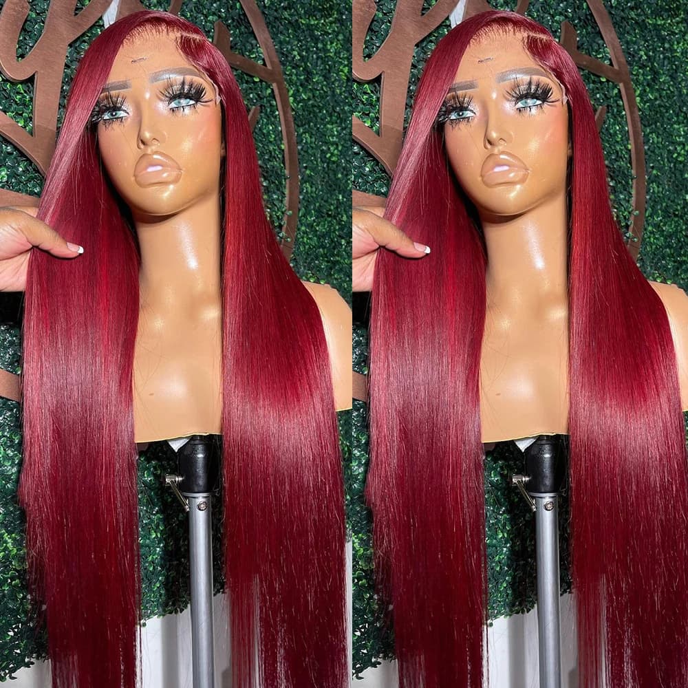 Perruque Lace Front Wig sans colle naturelle, cheveux lisses, rouge bordeaux 99J, 13x6, 13x4 HD, 30 