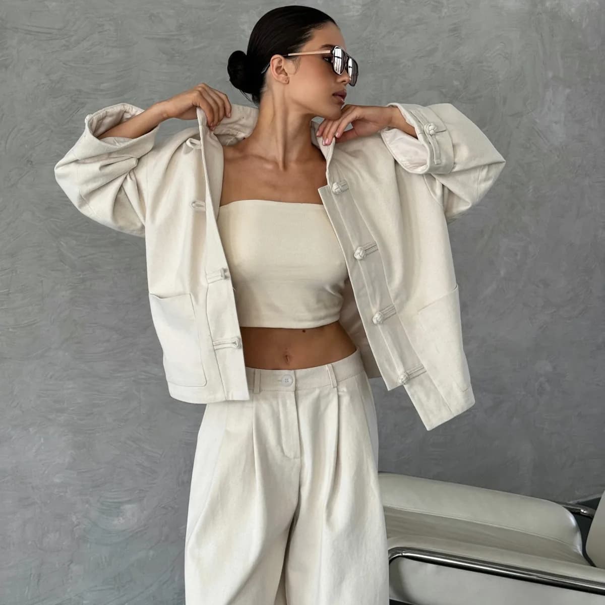 VTKW 2026 Nouvel ensemble veste et pantalon pour femme style chinois, col mandarin, boutons grenouil