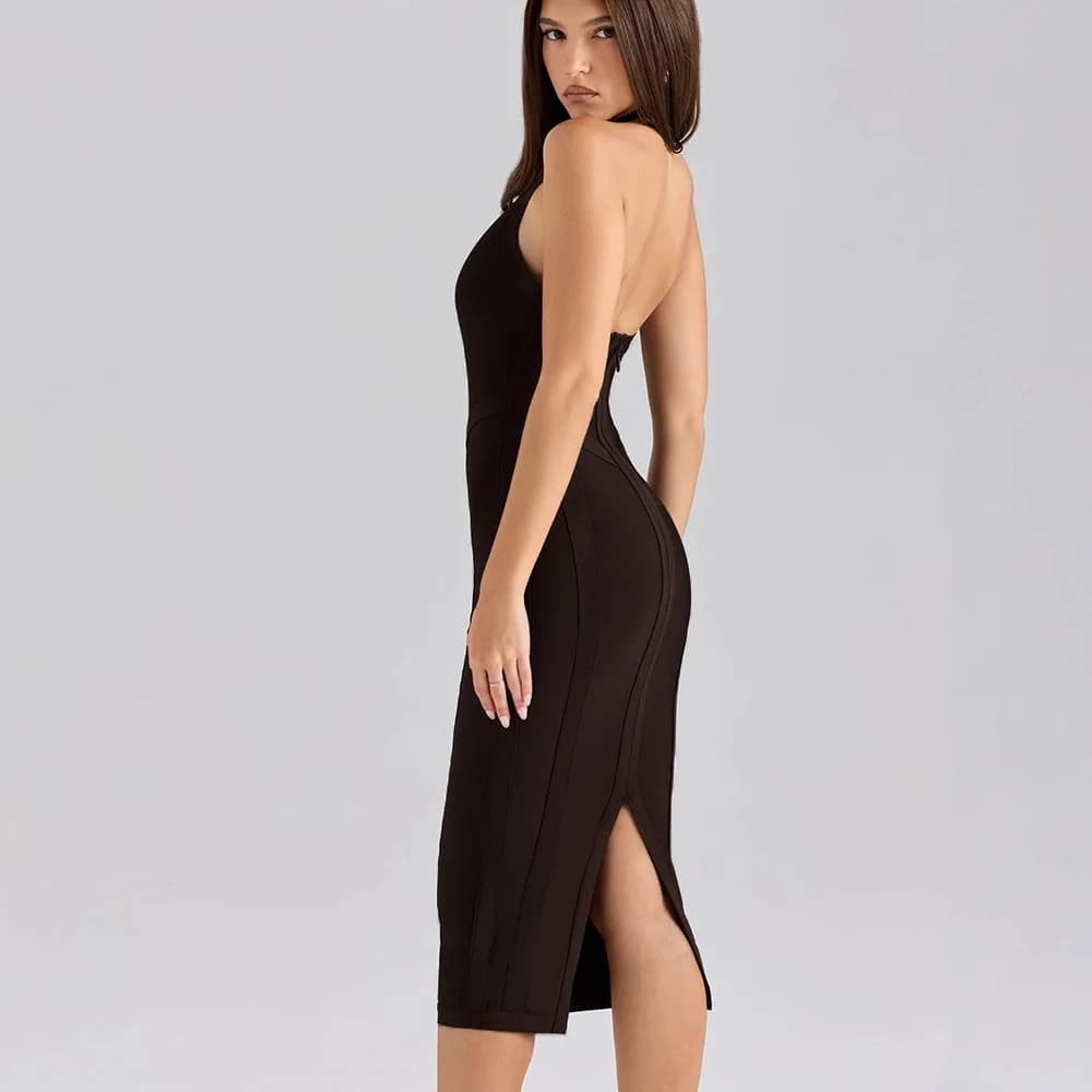 Robe moulante mi-longue à col en V profond et dos nu, style bandage, sexy et tendance, pour femme, i