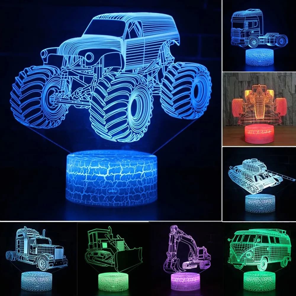 Voiture, camion, tracteur, pelle 3D veilleuse LED tactile Illusion lampe de Table bébé chambre décor