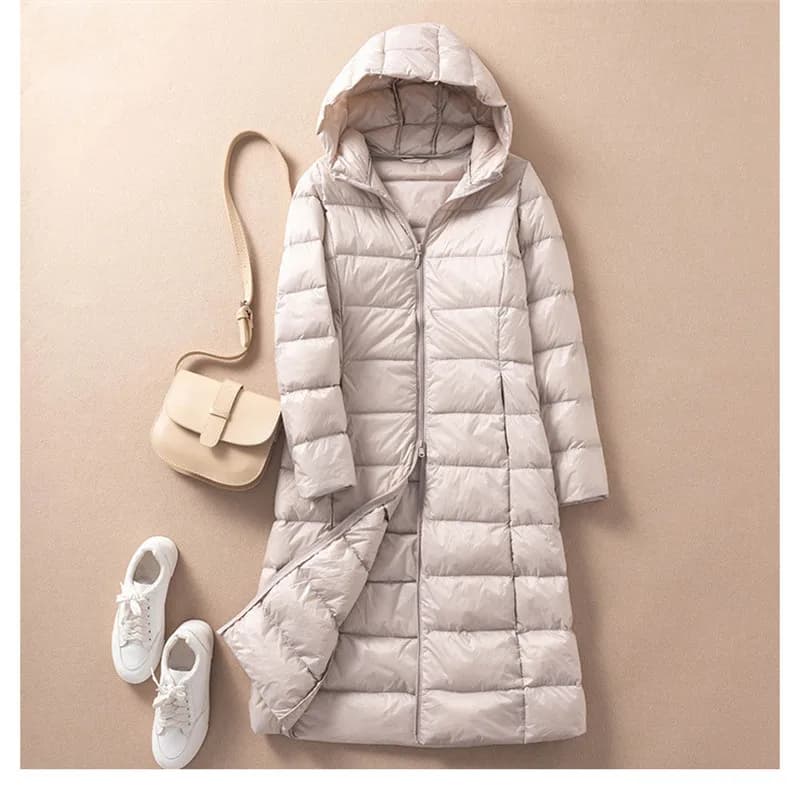 Parka longue à capuche en duvet de canard blanc pour femme, manteau chaud et léger, veste coupe-vent