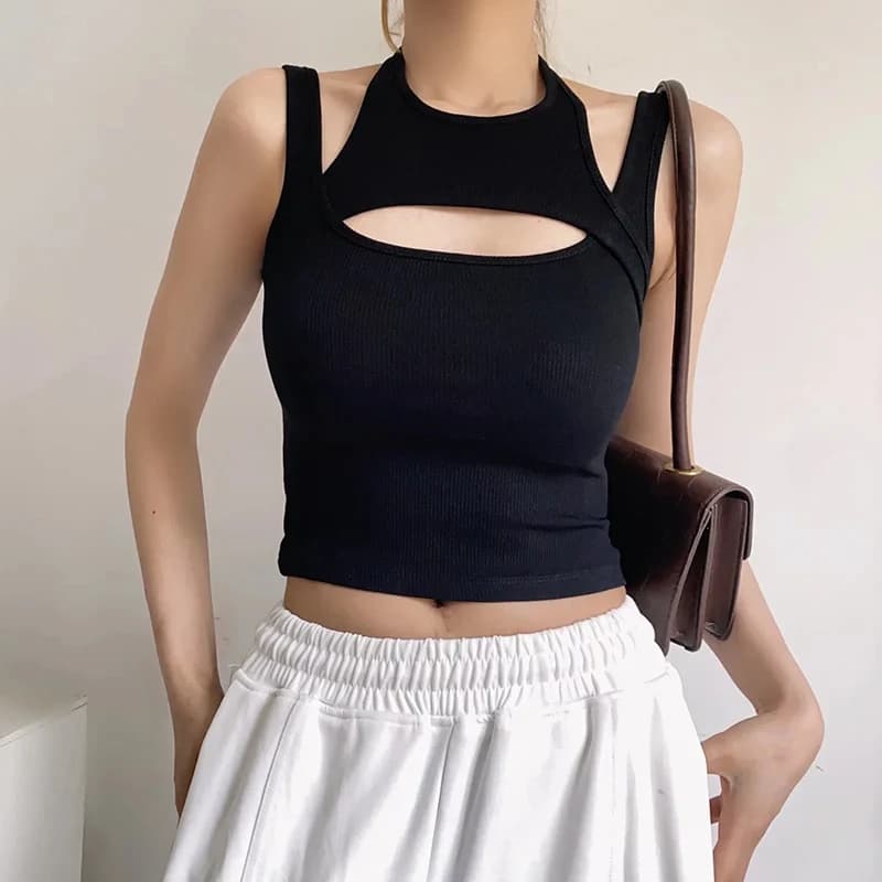 Asolls-Crop Top Y2K E-girl Hollow Out Corset Top, Fibro Neck, Mini GlaSemi, Casual, Sportive Summer