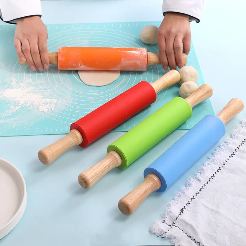 Rouleau à pâtisserie en Silicone antiadhésif, manche en bois, pâte à pâtisserie, rouleau à farine, o