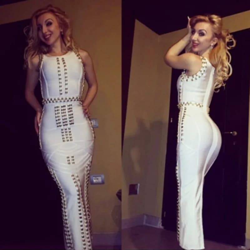 Style classique femmes sans manches col rond Sexy moulante pansement longue robe célébrité mode tapi