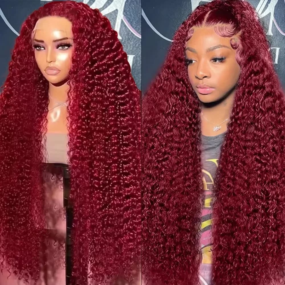 Perruque Lace Frontal Wig naturelle bouclée, cheveux humains, Deep Wave 99J, bordeaux, 13x4, HD, vin