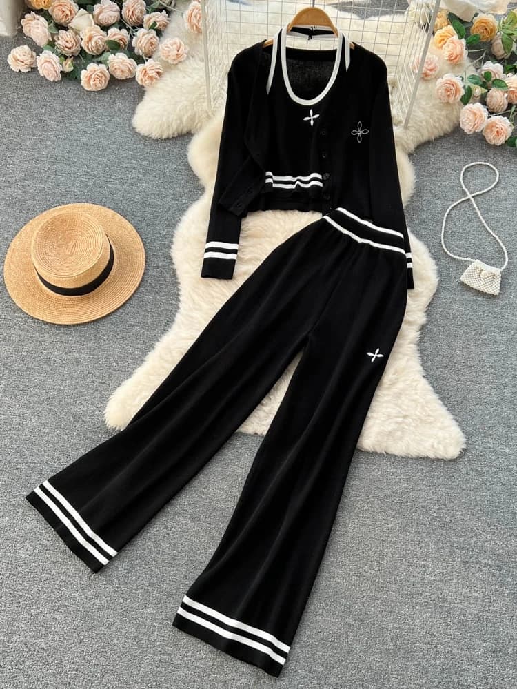 Streetwear tricoté ensemble 3 pièces pour femmes, Cardigan à manches longues manteau + Camisole + pa