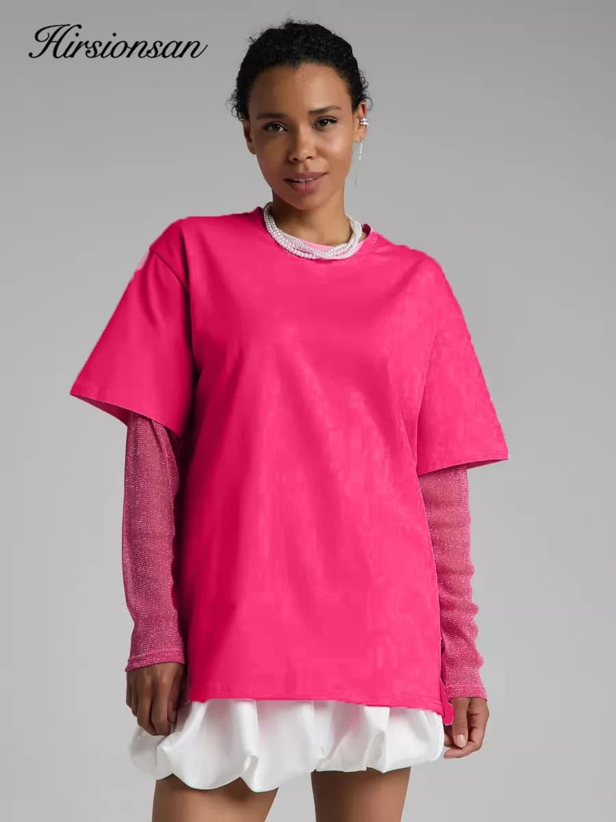 Hirsionsan coton t-shirt femmes 2024 été surdimensionné brillant soie Patchwork à manches longues t-