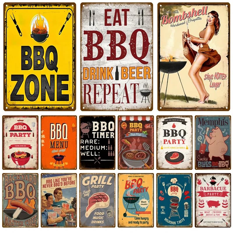 Plaque de décoration en métal vintage BBQ Zone, 18 signes, cour de barbecue de papa, décoration de f