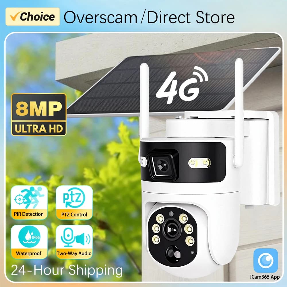 ICam365 Caméra Solaire PTZ 4G Carte Sim Double Écran Solaire Extérieure CCTV Double Objectif Batteri