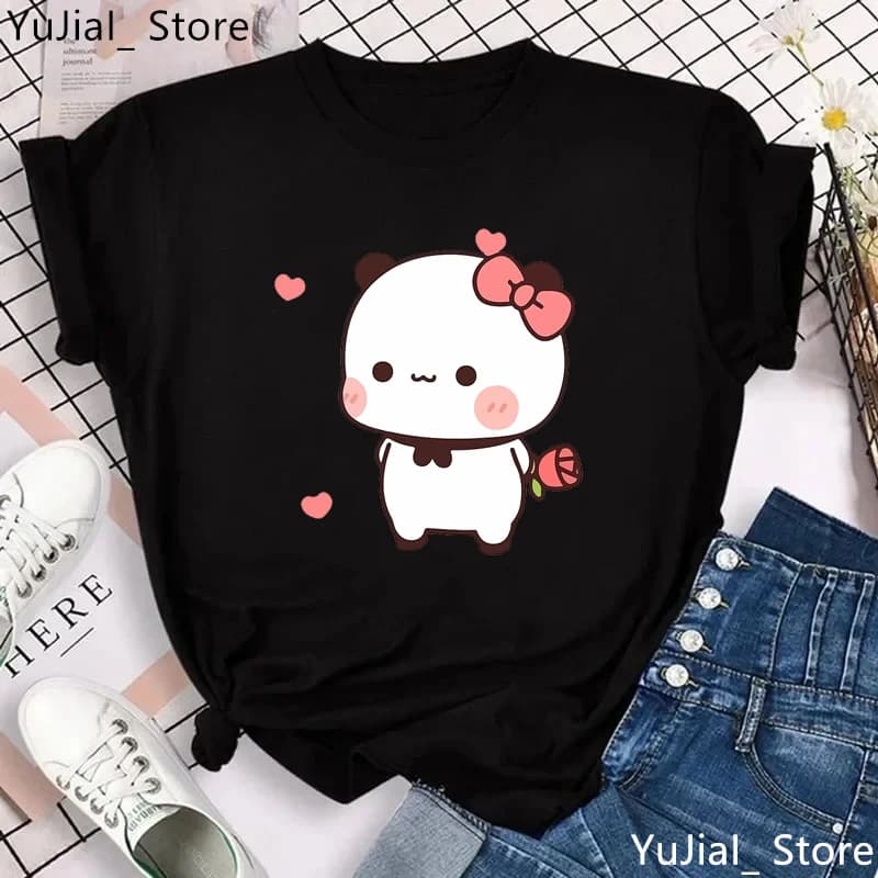 Kawaii Panda Bubu Dudu dessin animé imprimé T-Shirt filles Rose Bow Rose amour T-Shirt femmes Haraju