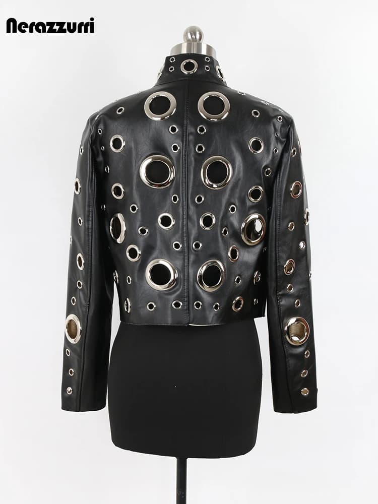 Nerazzurri-Veste courte en cuir PU évidée pour femme, Rivet, Cool mn fraîchement Designer Clothes, R