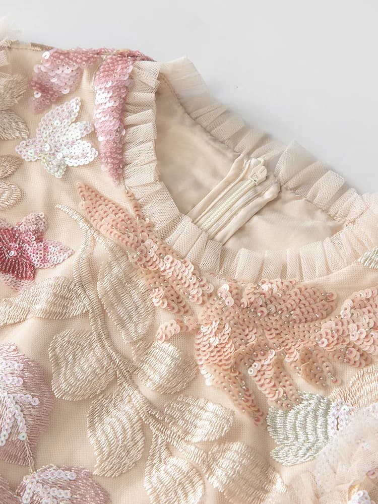 DSXDFACAIRIJ femmes paillettes fleur broderie col rond manches évasées à volants Vintage robe de bal