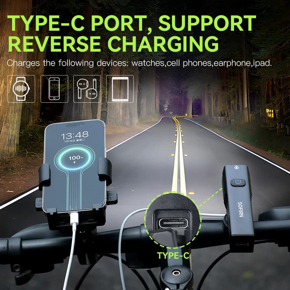 Lampe de vélo Sofirn BS01, étanche IP65, 2000LM, batterie 5000mAh, lampe torche, charge USB, réglage