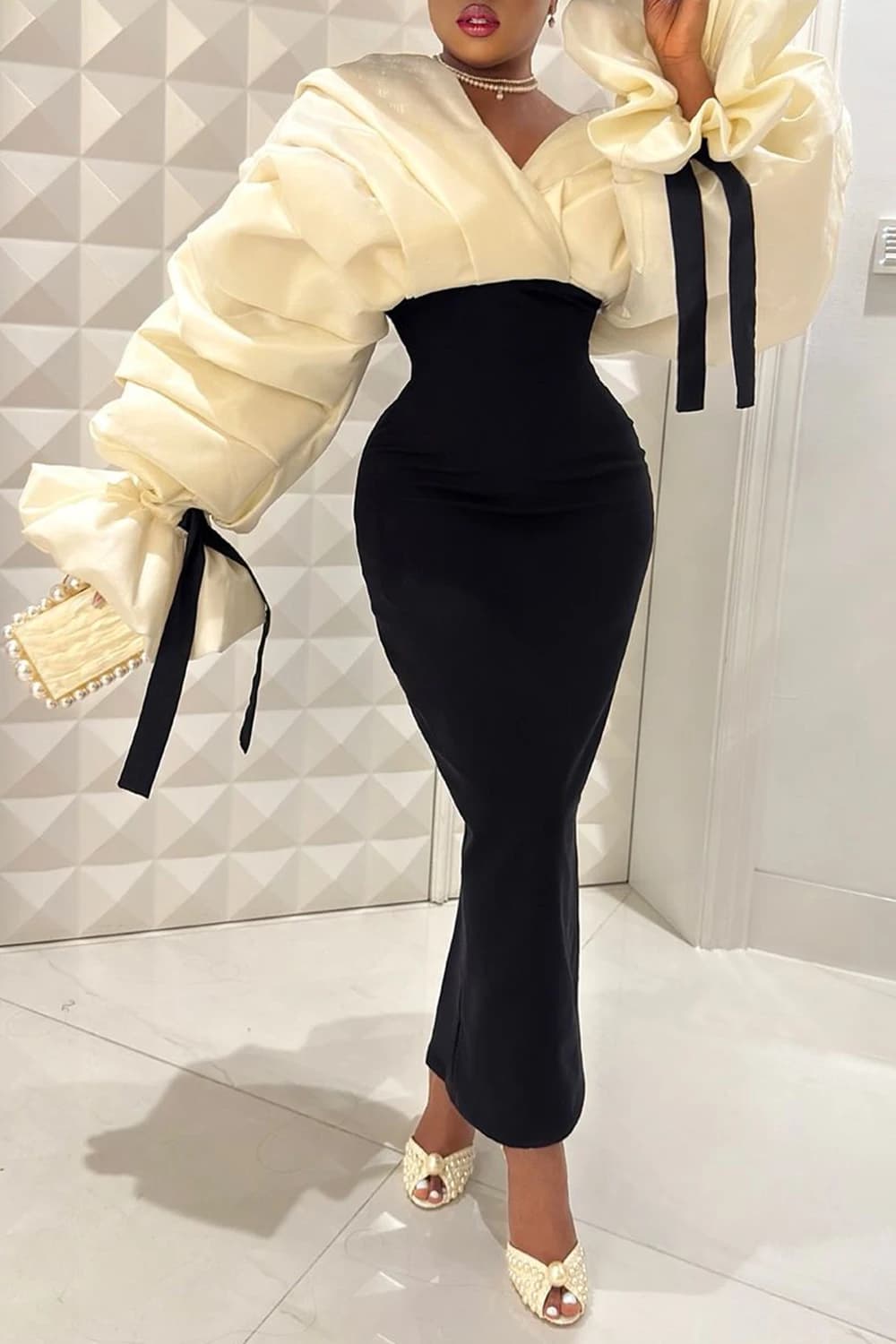 Grande taille formelle noir col portefeuille manches chauve-souris col en V dos nu manches longues p