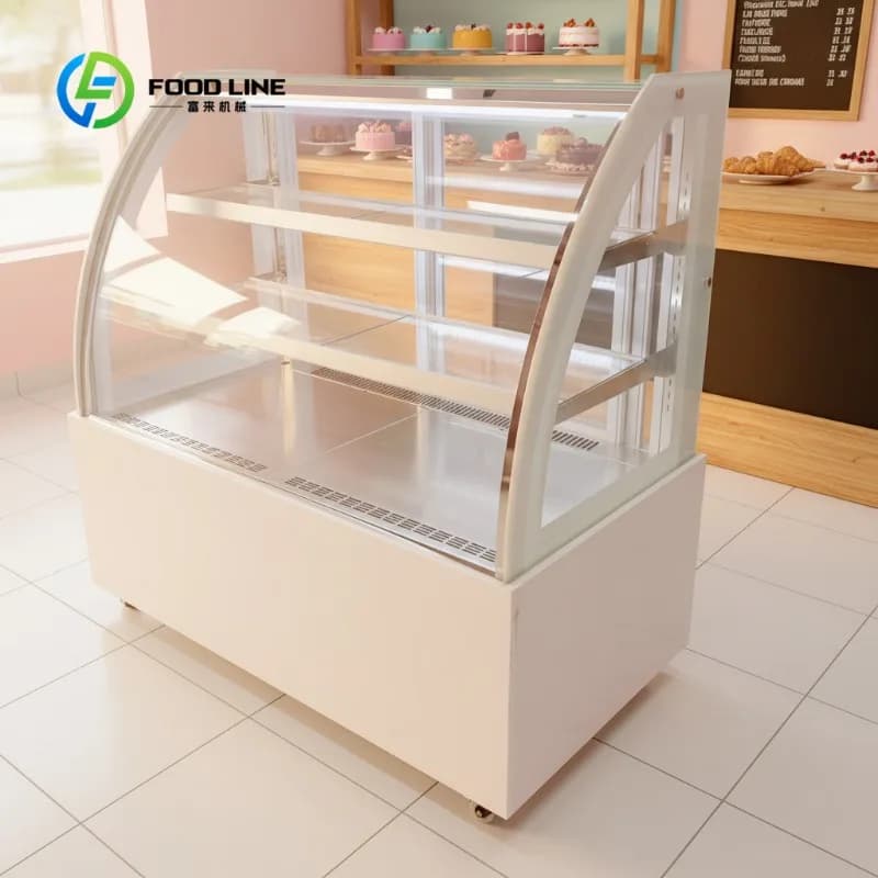 Vitrine réfrigérée commerciale personnalisée en verre incurvé pour gâteaux, pâtisseries et desserts 