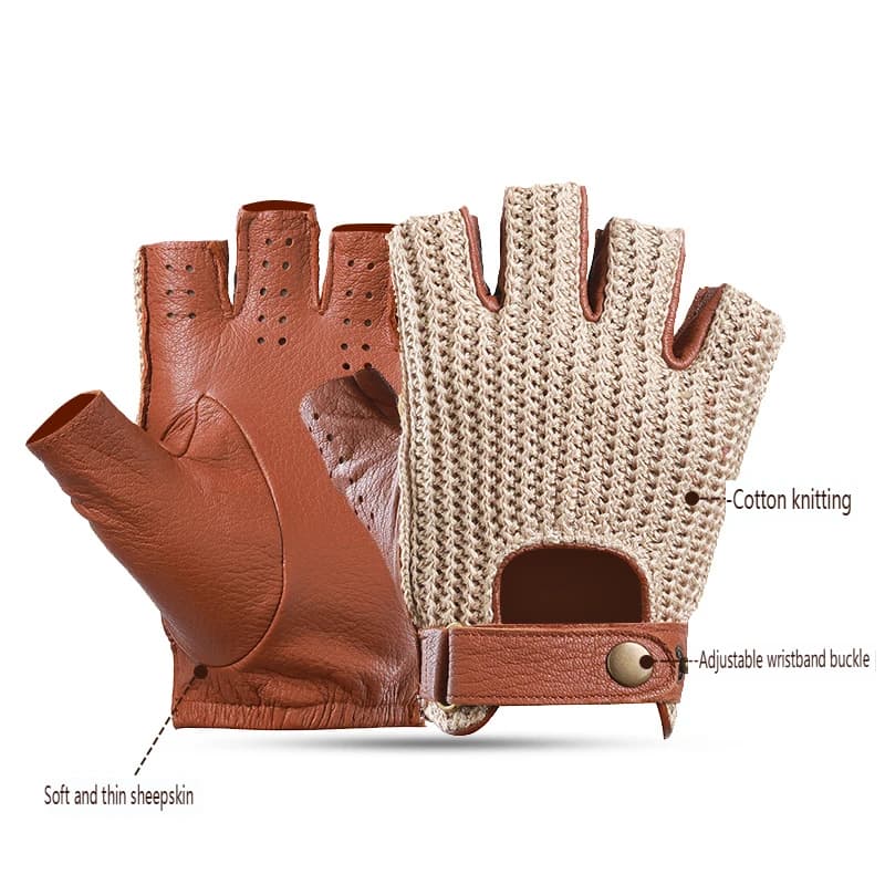 Gants de moto rétro en cuir sans doigts pour hommes, pour la conduite et l'équitation, tricotés et r