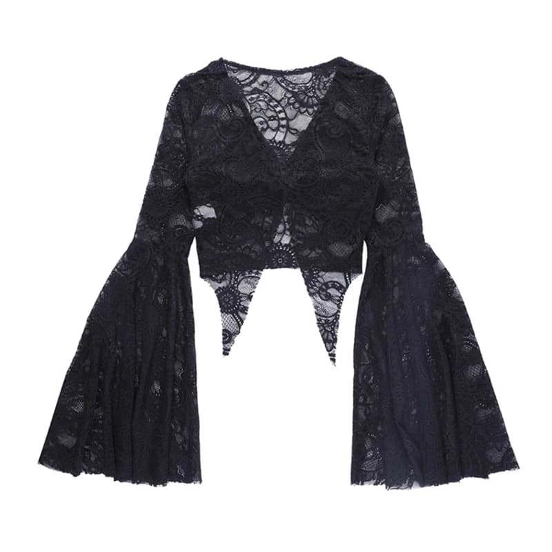 T-shirt en maille noire à manches longues gothique dentelle noire haut Punk manches évasées Streetwe