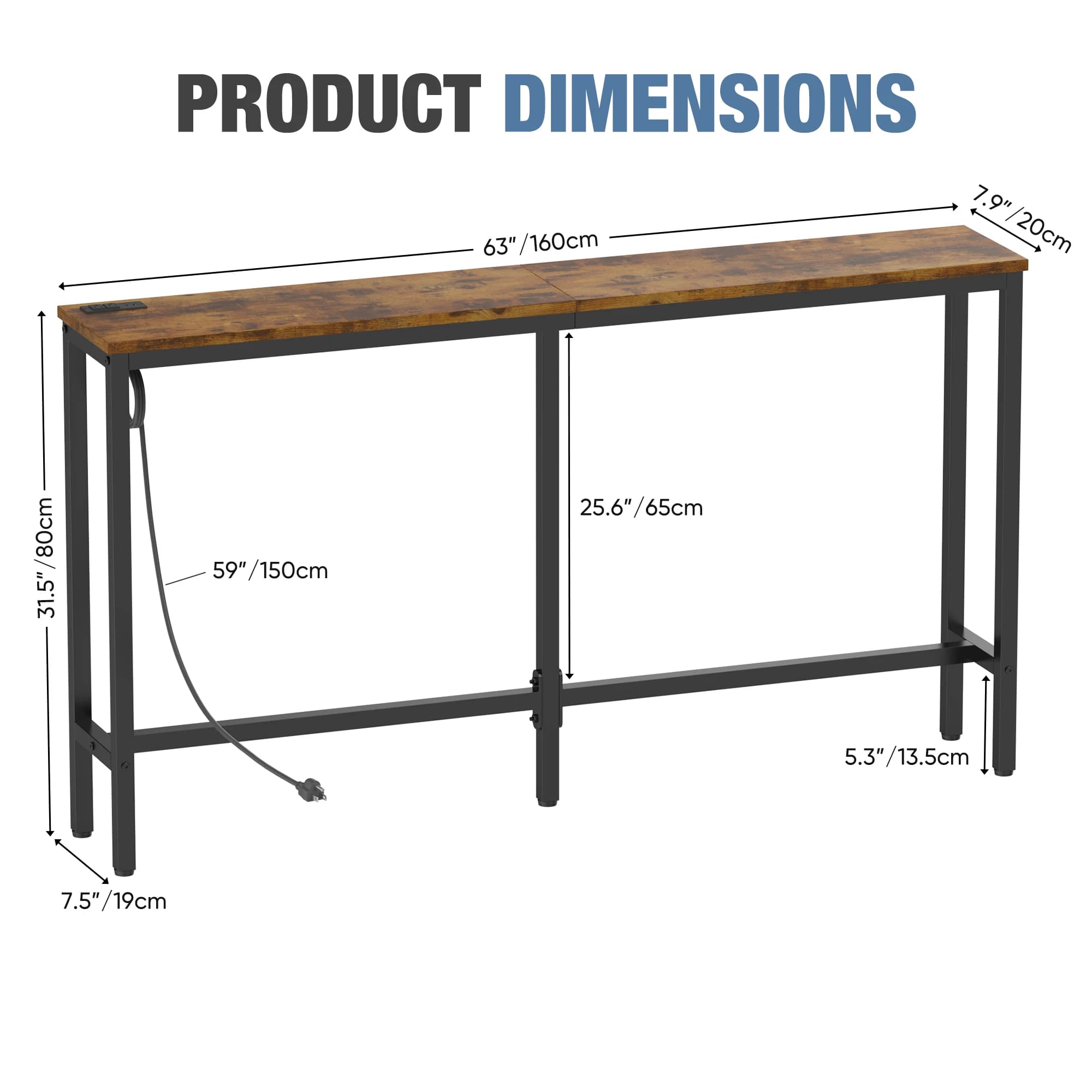 Table de canapé JHK 63IN avec station de charge, bureau de chevet sur lit avec prise, table de lit p
