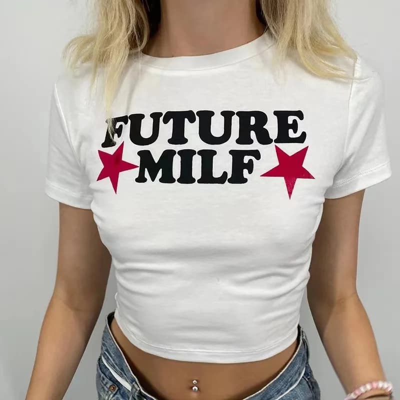 90s FUTURE MILF Stars Imprimer T-shirts Mode Décontracté O Cou Manches Courtes Hauts Y2K D'été Sexy 