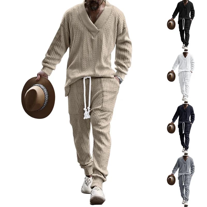 Ensemble pull tricoté en Jacquard polyvalent pour hommes, pantalon décontracté, col en v, nouvelle c
