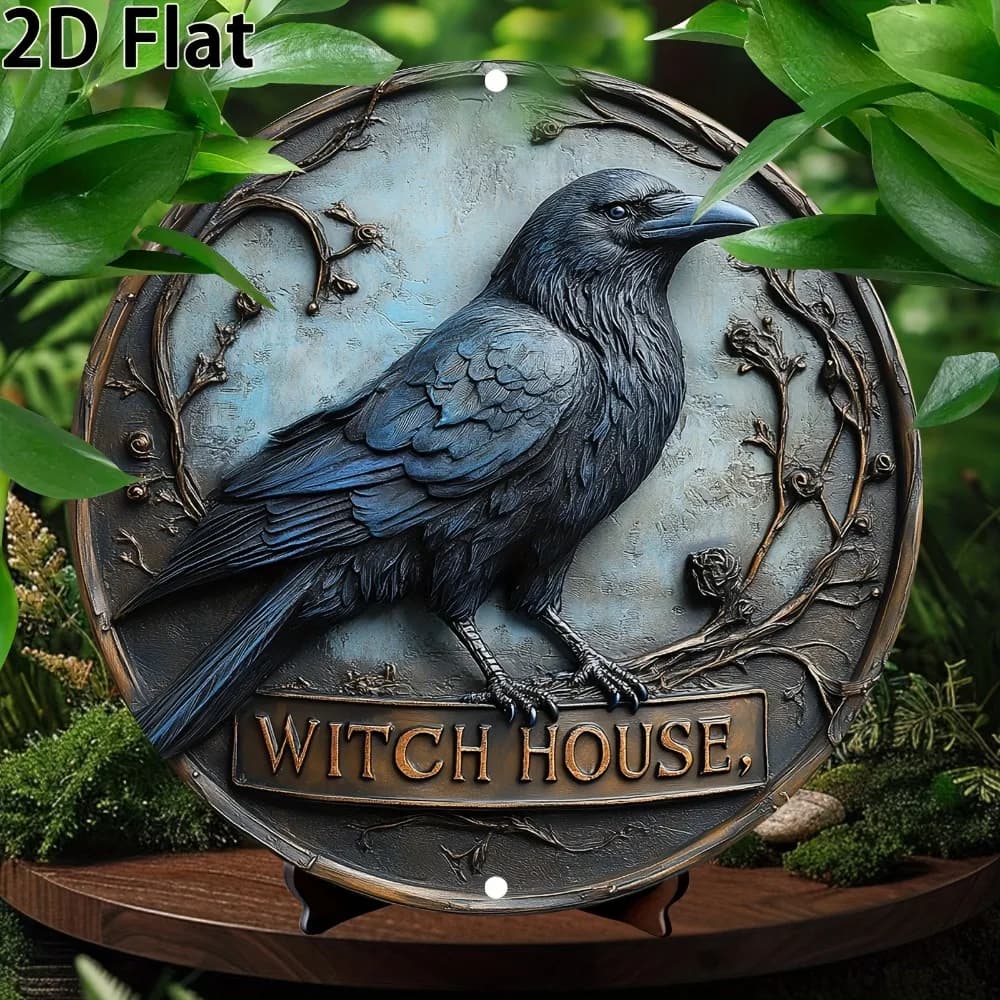 Raven WITCH HOUSE Décoration murale ronde en aluminium, décoration de vacances à thème WITCH HOUSE, 