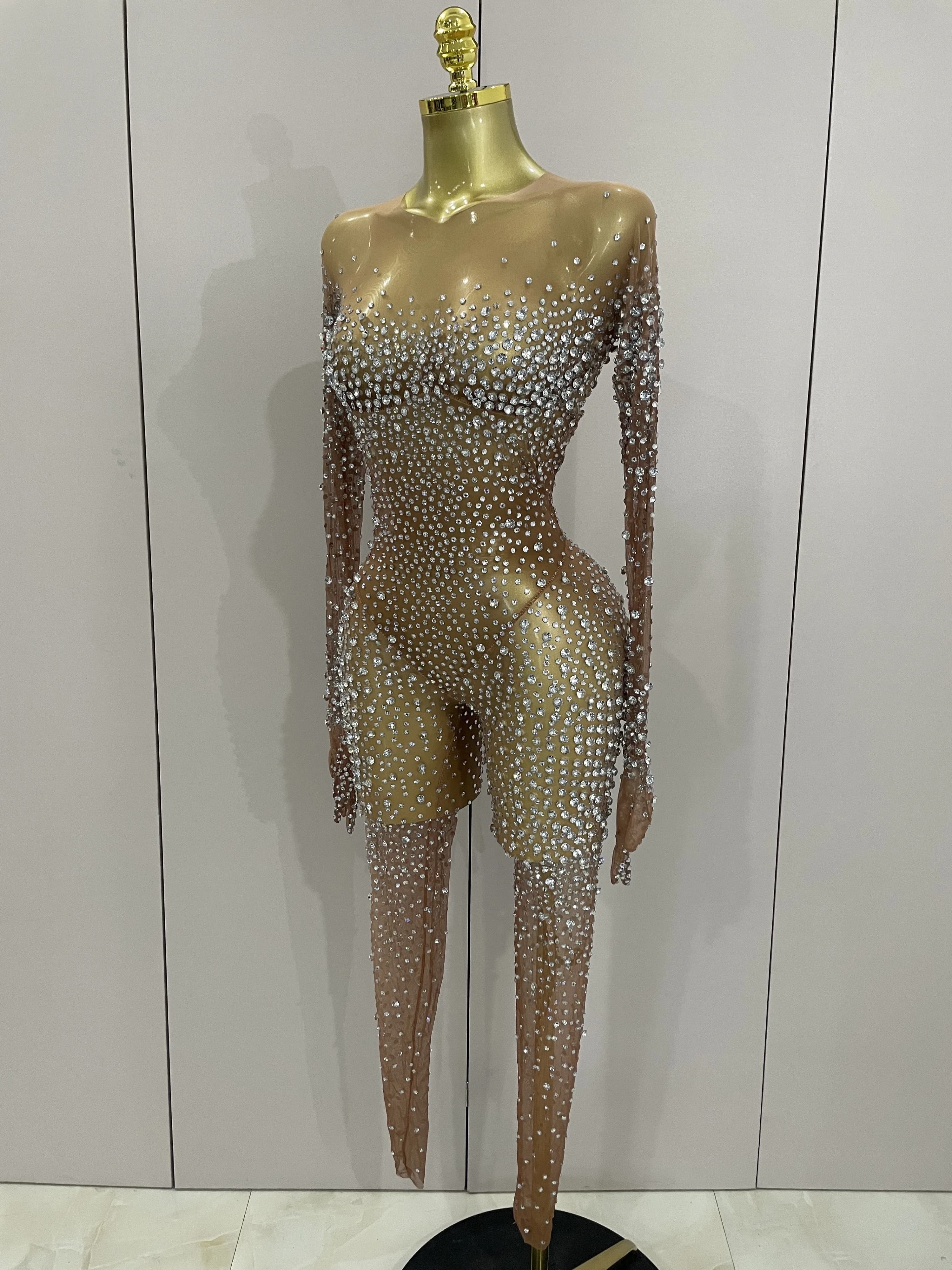 Combinaison de luxe en maille transparente pour femmes, strass scintillants, Sexy, moulante, robe d'