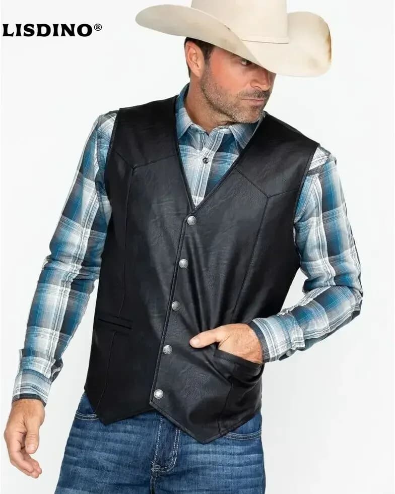 LisdinoMen doux 100% cuir gilet Snap Western hommes cadeau tenue de vacances motard informel