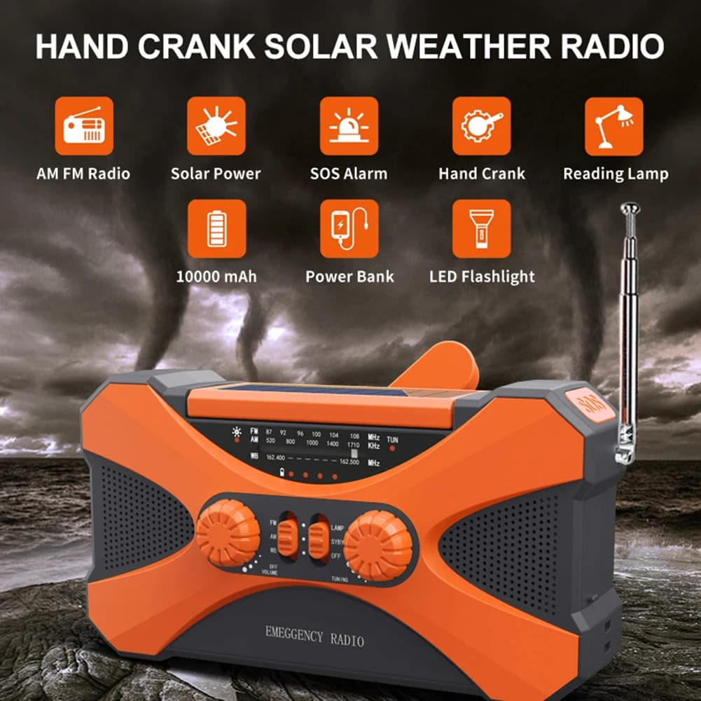Radio multifonctionnelle à manivelle solaire, charge USB, radio météo, lampe de poche LED d'urgence,