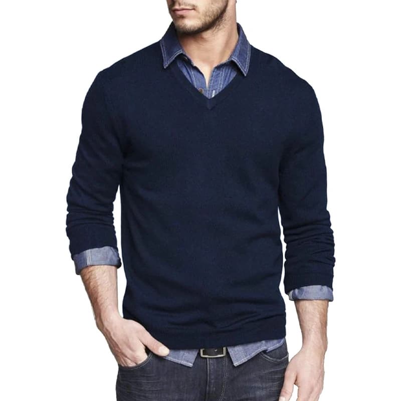 Pull à manches longues et col en V pour hommes, coupe cintrée, en tricot, robe légère, pull décontra