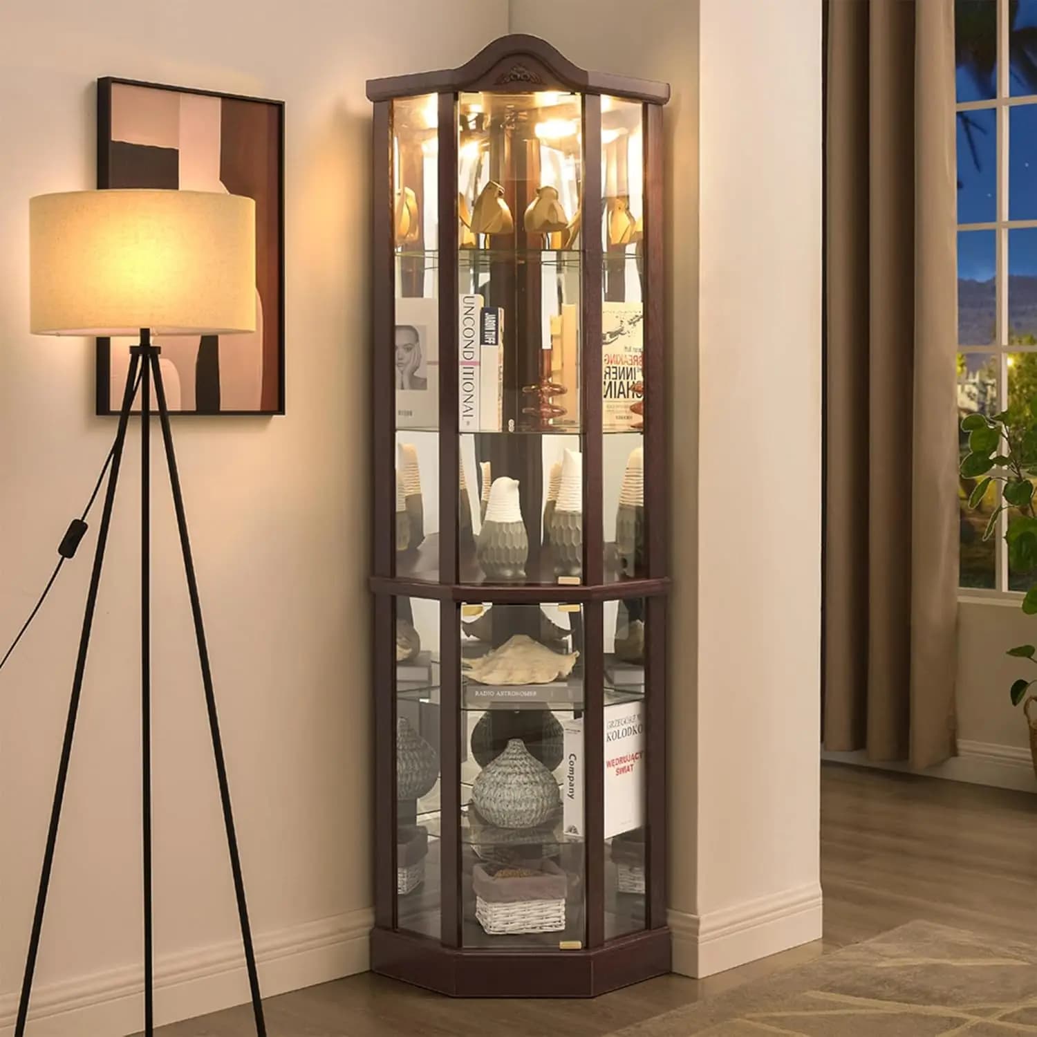 Vitrine d'angle de 71,93'' de hauteur avec éclairage pour salon, vitrine d'angle avec portes en verr