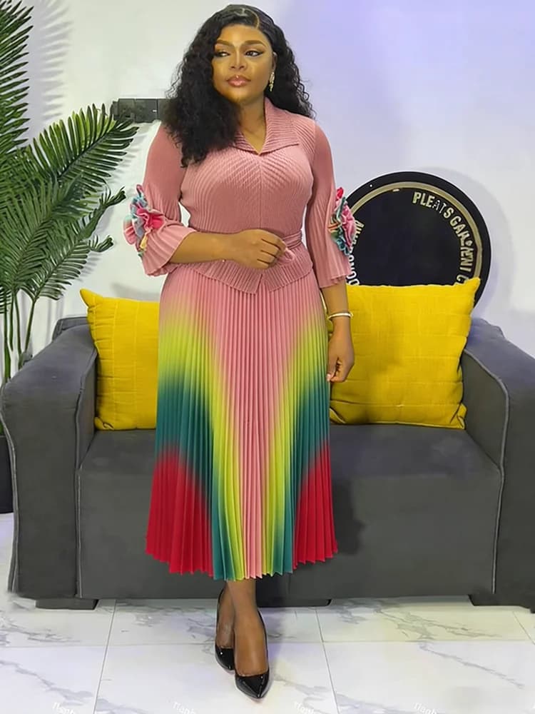 EGRM – robe Miyaki à revers, manches lanternes, ceinture, taille amincissante, dégradé plissé, jupe 