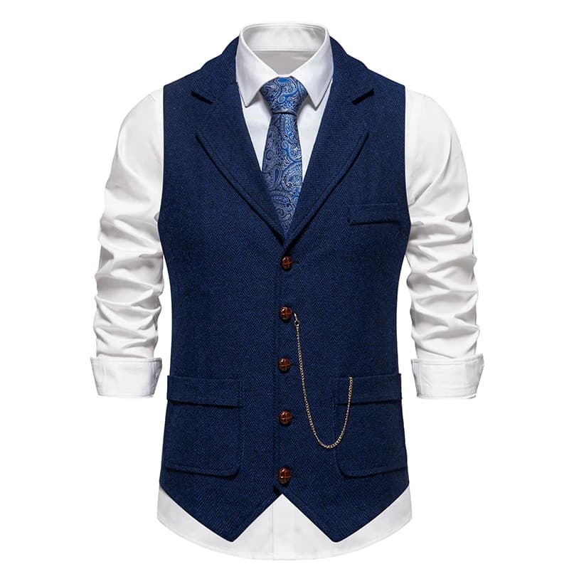 Gilet rétro à chaîne à revers pour hommes, mode chevrons, poches en Tweed grossier, gilet de costume