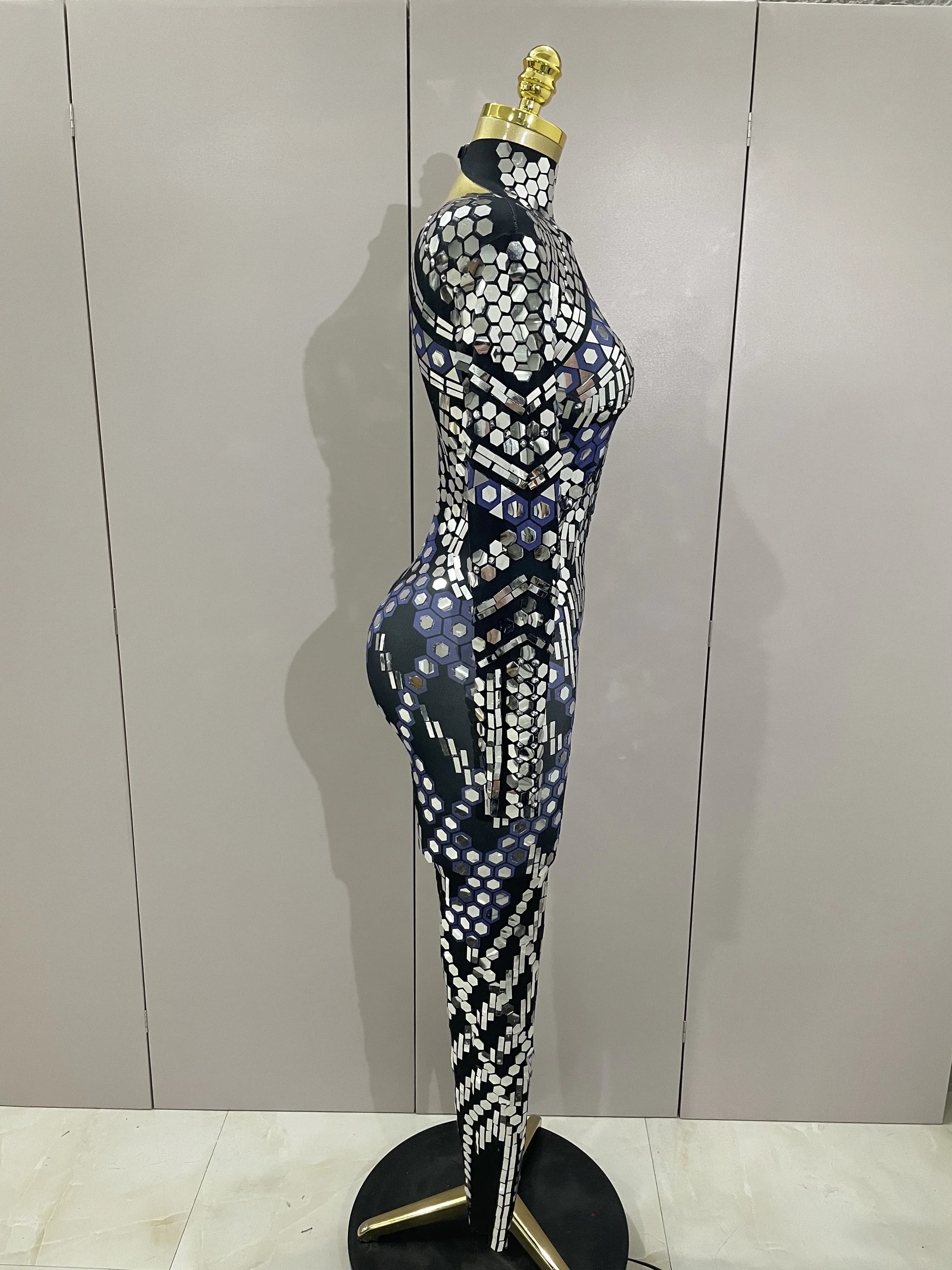 Combinaison Sexy en paillettes argentées brillantes, miroir noir, en Spandex, pour femmes, Costume d