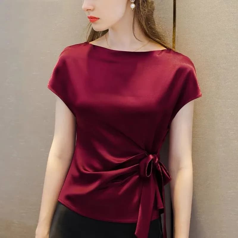 Chemise en mousseline de soie à col bateau pour femme, blouse en satin acétate, vintage, noir, blanc