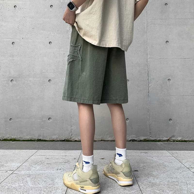 Short en denim patchwork étoile vintage pour hommes, pantalon court chic, all-match, Ulzzang Leisure