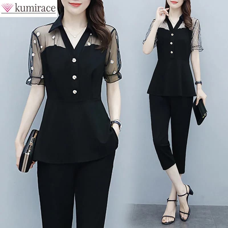 AndrÉlégant-Chemise et pantalon en mousseline de soie en dentelle sexy pour femmes, ensemble deux pi