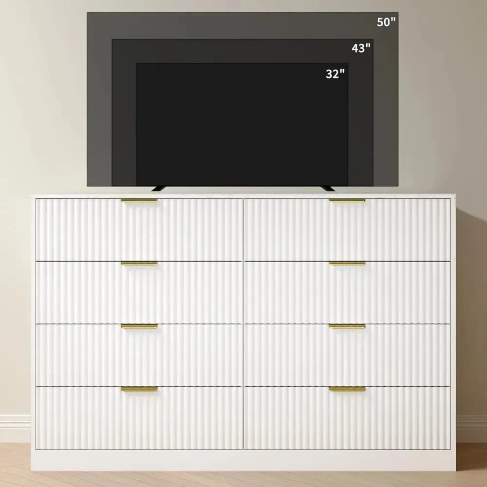 Commode cannelée pour chambre à coucher avec 8 tiroirs, commode double blanche de 55 pouces de large