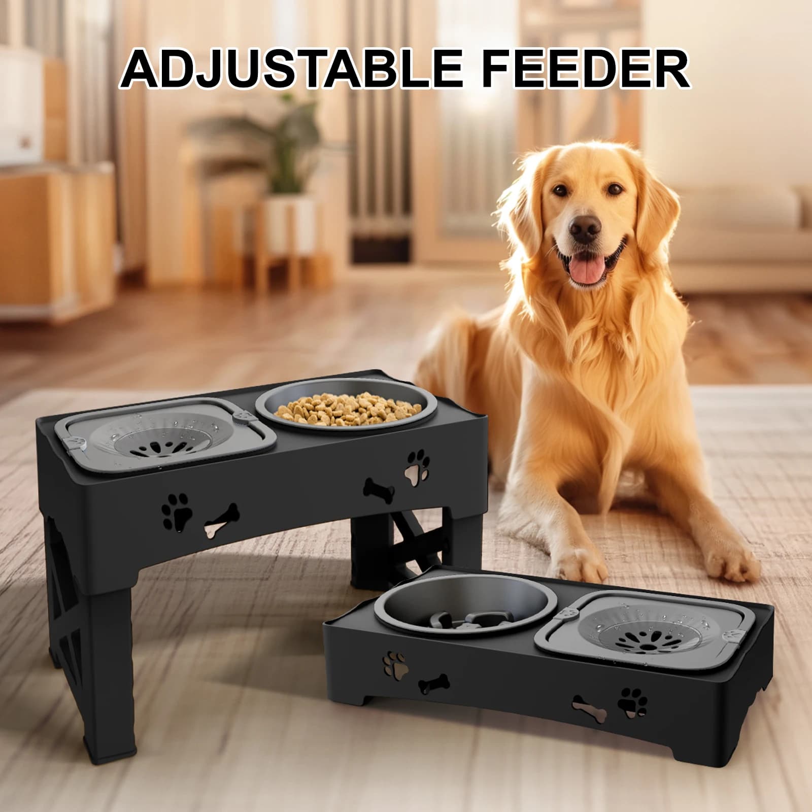 Mangeoire pour animaux de compagnie 3 en 1, bols à alimentation lente, doubles bols pliables avec 5 