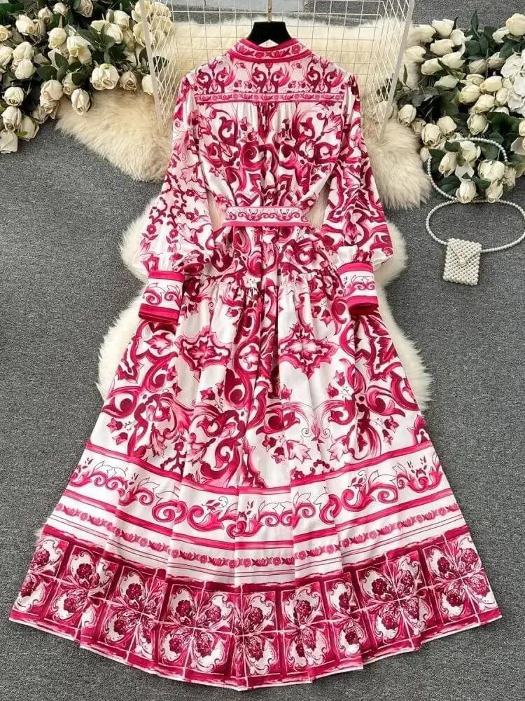Robe longue en porcelaine à boutonnage simple pour femme, imprimé floral jaune, ceinture en dentelle