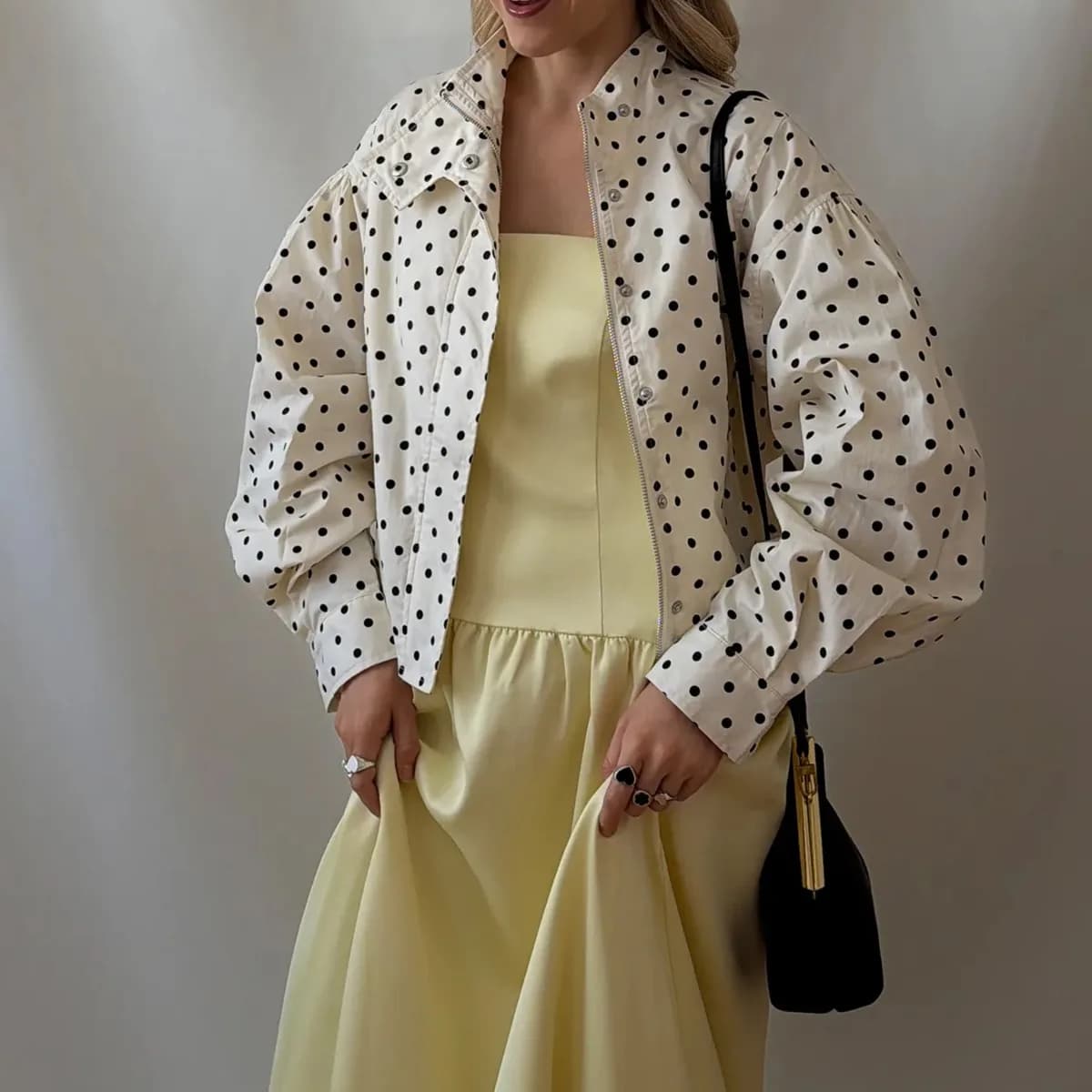Veste bomber élégante vintage à pois surdimensionnée pour femmes, manches bouffantes, fermeture écla