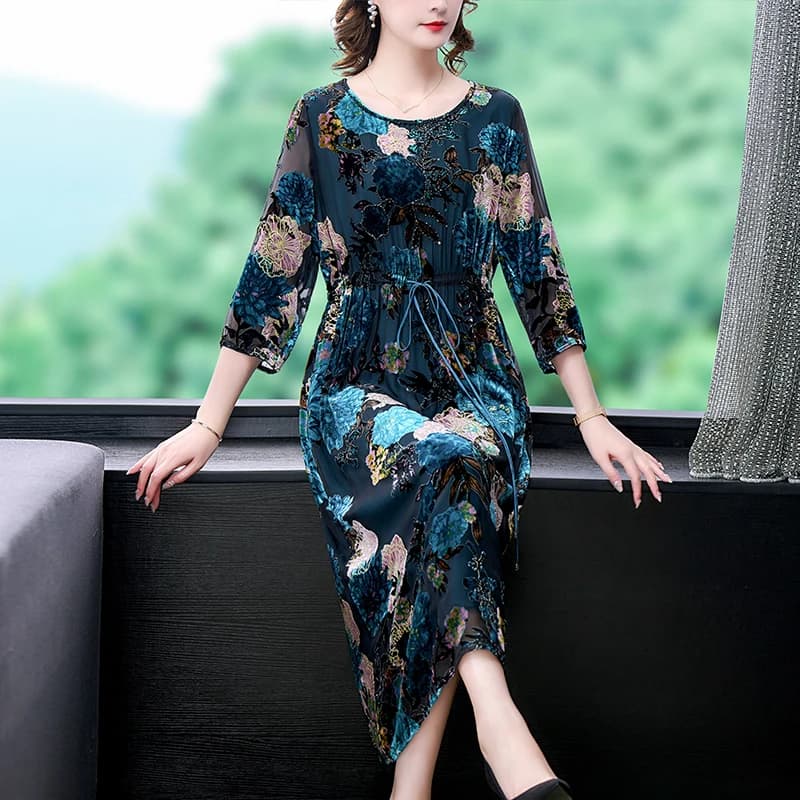 InjVelvet-Robe à manches longues à imprimé flocage, Robe bleue, Col rond, Taille adt, Mince, Longueu