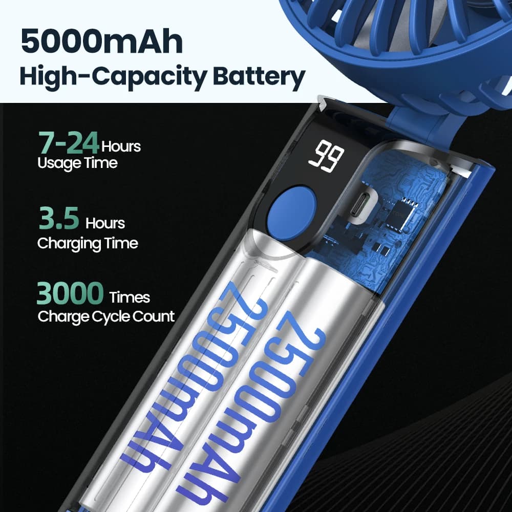 TOPK-Mini ventilateur de poche portable, aste par USB, 5000mAh, 3 vitesses, avec lanière et base, pl